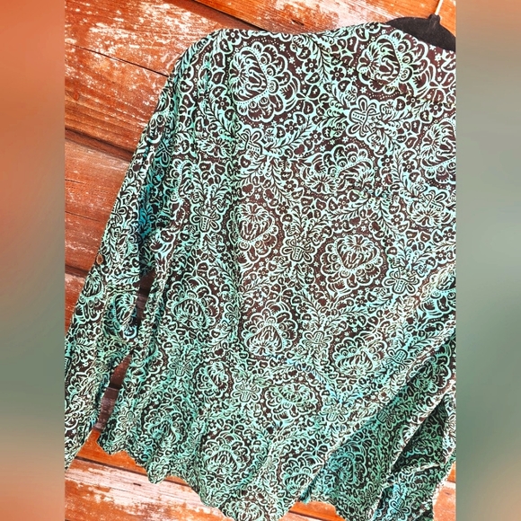 Liz Claiborne Western Damask Turquoise & Black Button up Blouse Longsleeve - Picture 7 of 9